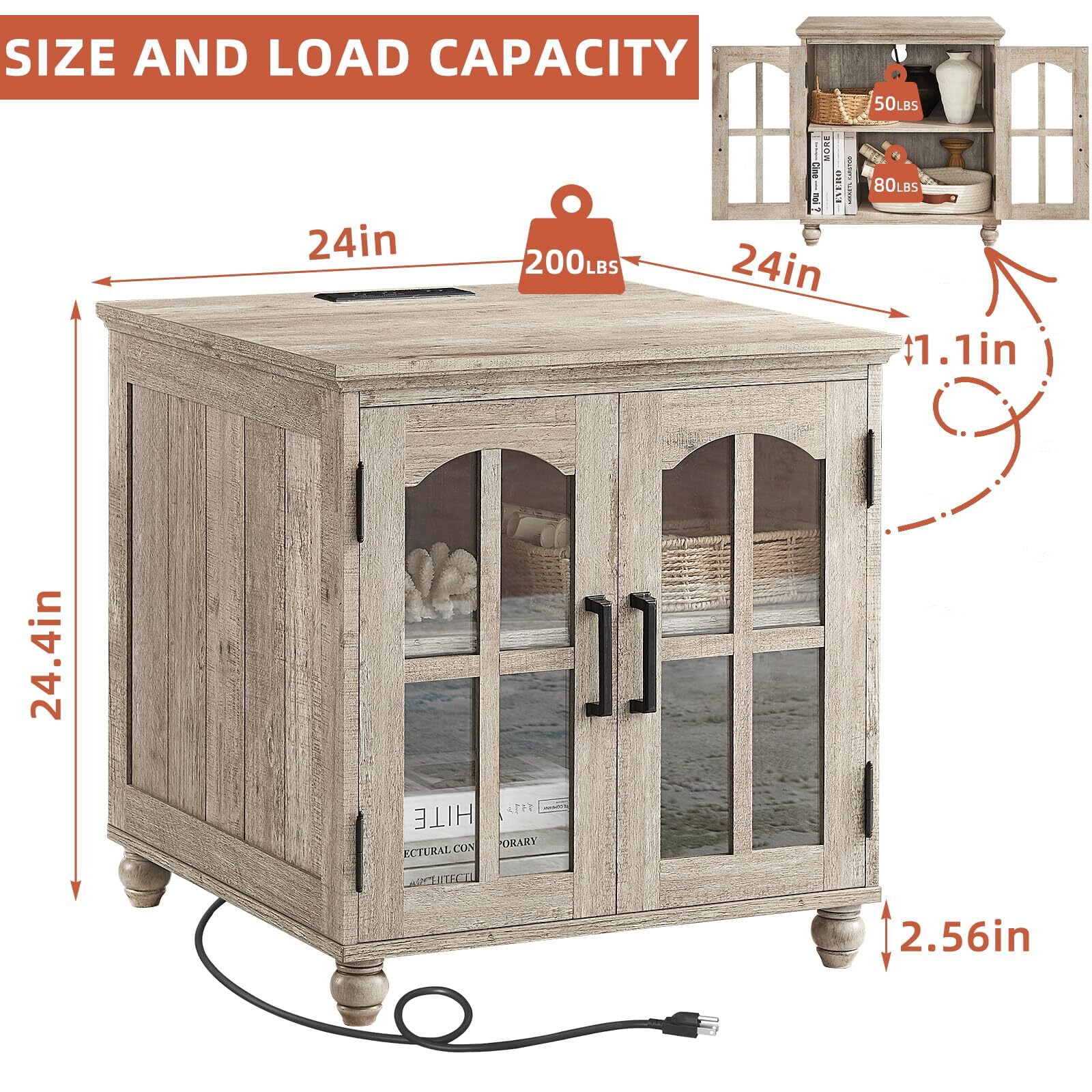 Buildhom Farmhouse End Table with Charging Station, 24" Wide Nightstand with Glass Barn Door and Adjustable Shelf for Living Room, Grey