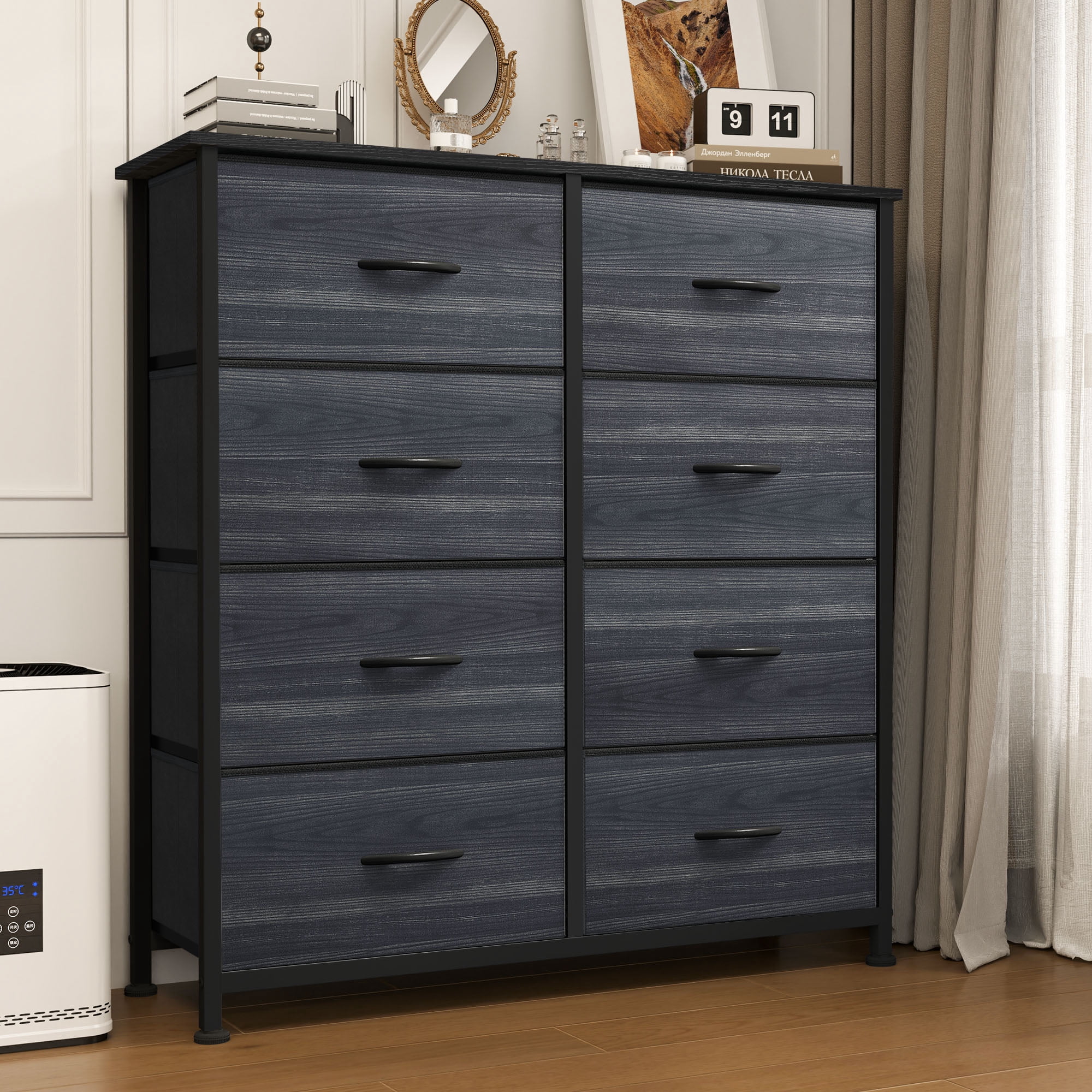 Uforic 8 Drawers Dresser Chest of Drawers for Fabric Storage Dressers for Living Room Charcoal Black Wood Grain