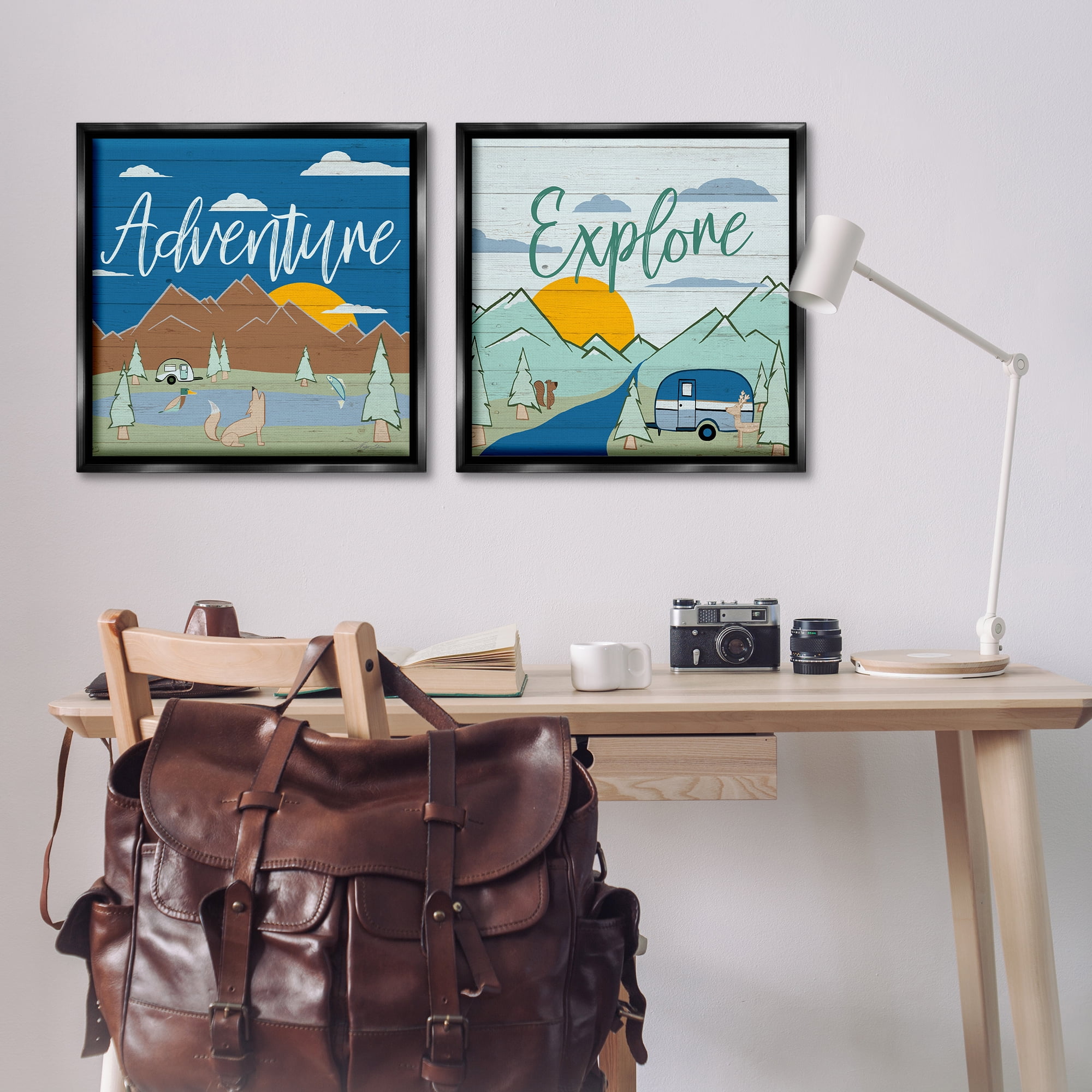 Stupell Industries Adventure Explore Camping Landscape & Nature Painting Black Floater Framed Canvas Art Print Wall Art, 25 x 25, Set of 2