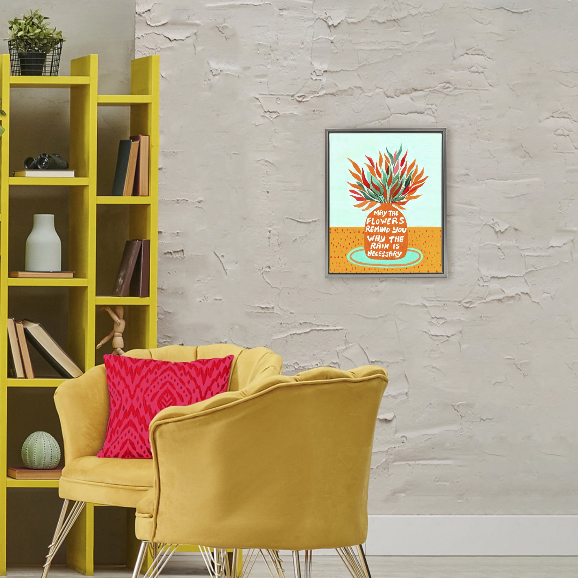 Flowers Remind Rain Is Necessary Gray Framed Floater Canvas Wall Art, design by Nabeela Rumi