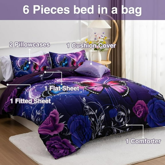 Galaxy 6pcs Bed in A Bag  and Blue Dreamy 3D  Printed, Butterflies Bedding Twin Comforter Set, for Girls Kids Teens