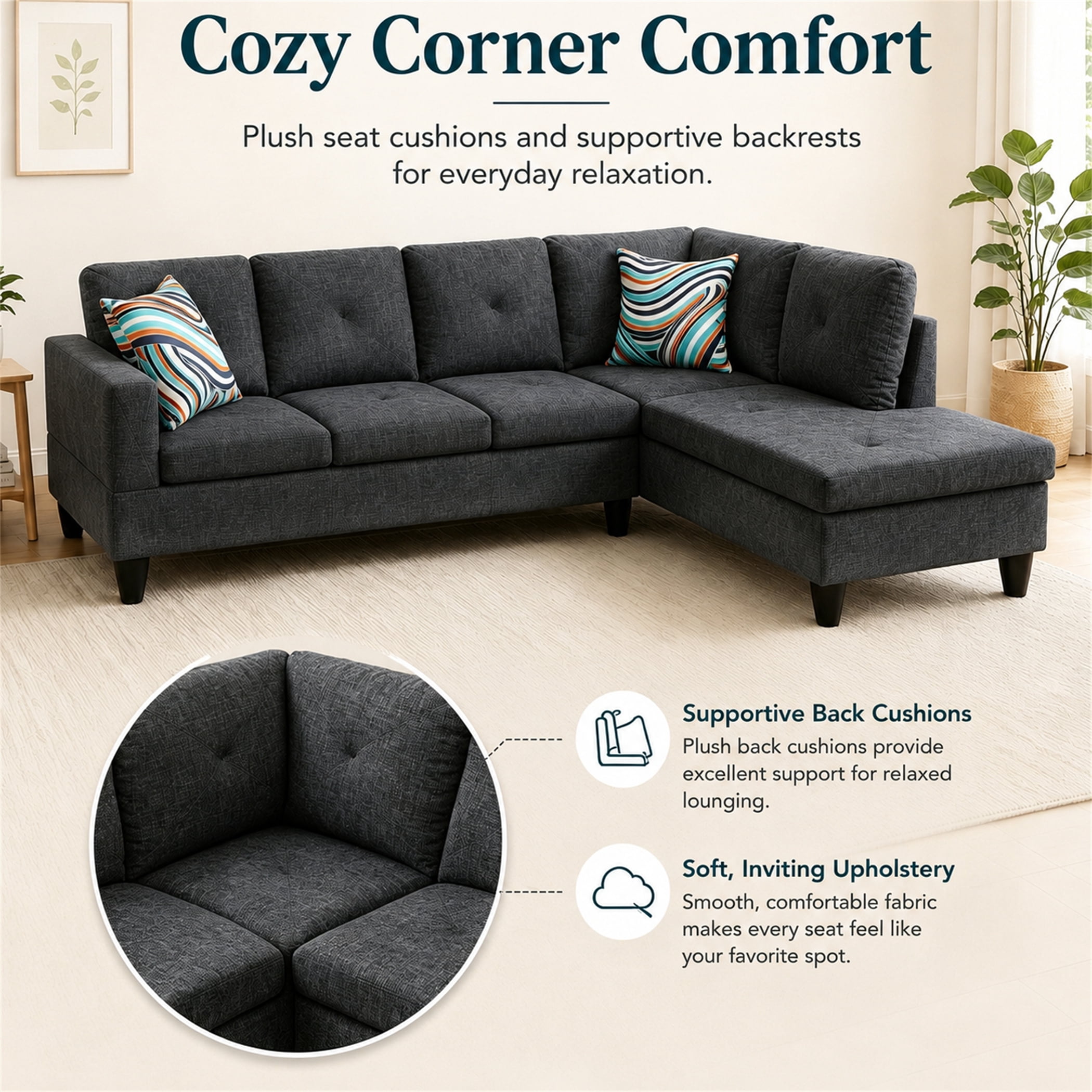 Aukfa 97" Classic Sectional Sofa 4 Seat L shape Couch for Living Room, 2Pillows, Oversized Right Chaise, Linen, Black Gray