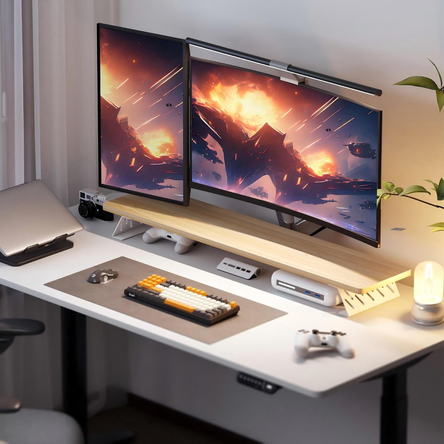 Wood and Steel Dual Monitor Stand Riser for Desktop, Laptop, PC, and Printer