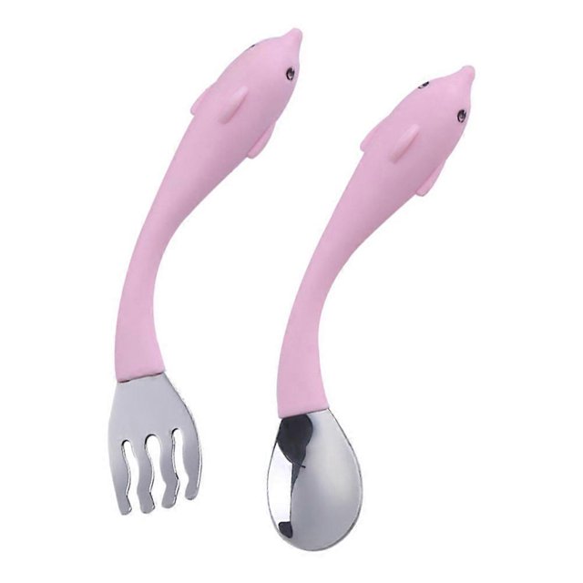 Toddler Cutlery Stainless Steel Spoon Fork Set Baby Tableware Pink 14.00X2.50X2.00CM Fall-Proof 2Pcs