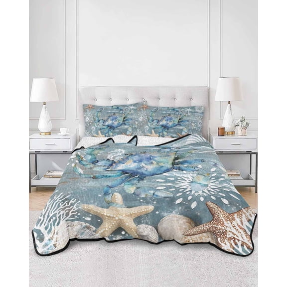 Quilts Twin Size, Blue Crab Coastal Soft Comforter Bedding Set for Bed, Summer Beach Nautical Starfish Coral Lightweight Quilted Bedspread with Pillow Cover(2 Pieces) for All Season, 68x86 Inch