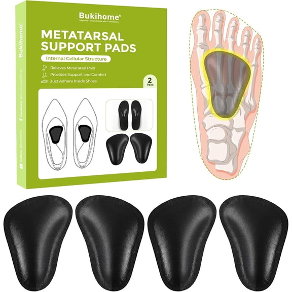 Bukihome Ball-of-Foot Cushions for Metatarsal Pain Relief - Soft Forefoot Support Pads for Metatarsalgia & Morton's Neuroma, Fatigue Relief, Men & Women, Black, 2 Pairs, S