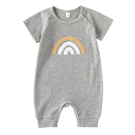 

Romper For Girls Rainbow Printed Short Sleeve Infant Coveralls Rainbow Ribbed Summer Bodysuits Dailywear Activewear Cozy Elegant Jumpsuits
