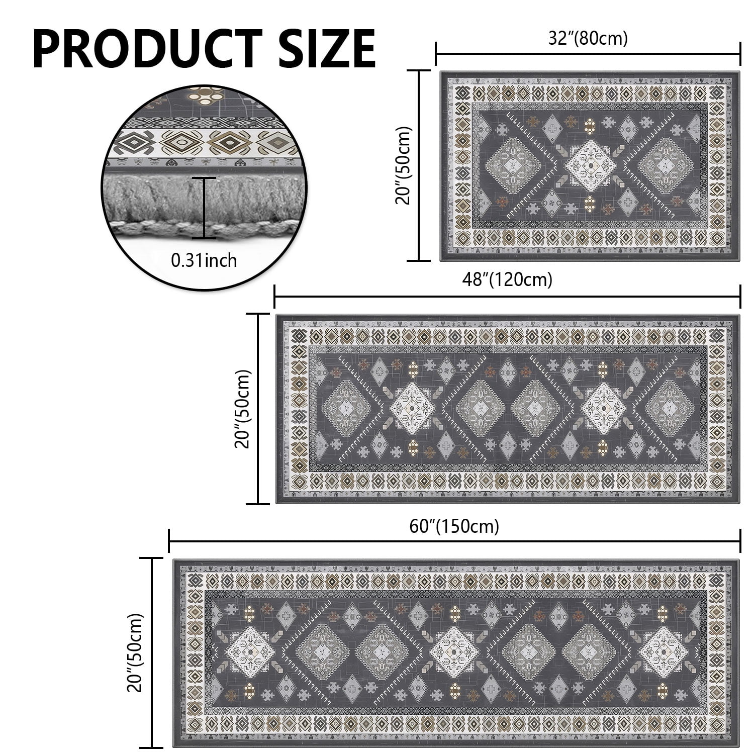TECHVIDA Kitchen Rug Set 3 Piece,Non Slip Machine Washable Kitchen Mats, Farmhouse Hallway Doormat for Home Floor and Living Room,Gray