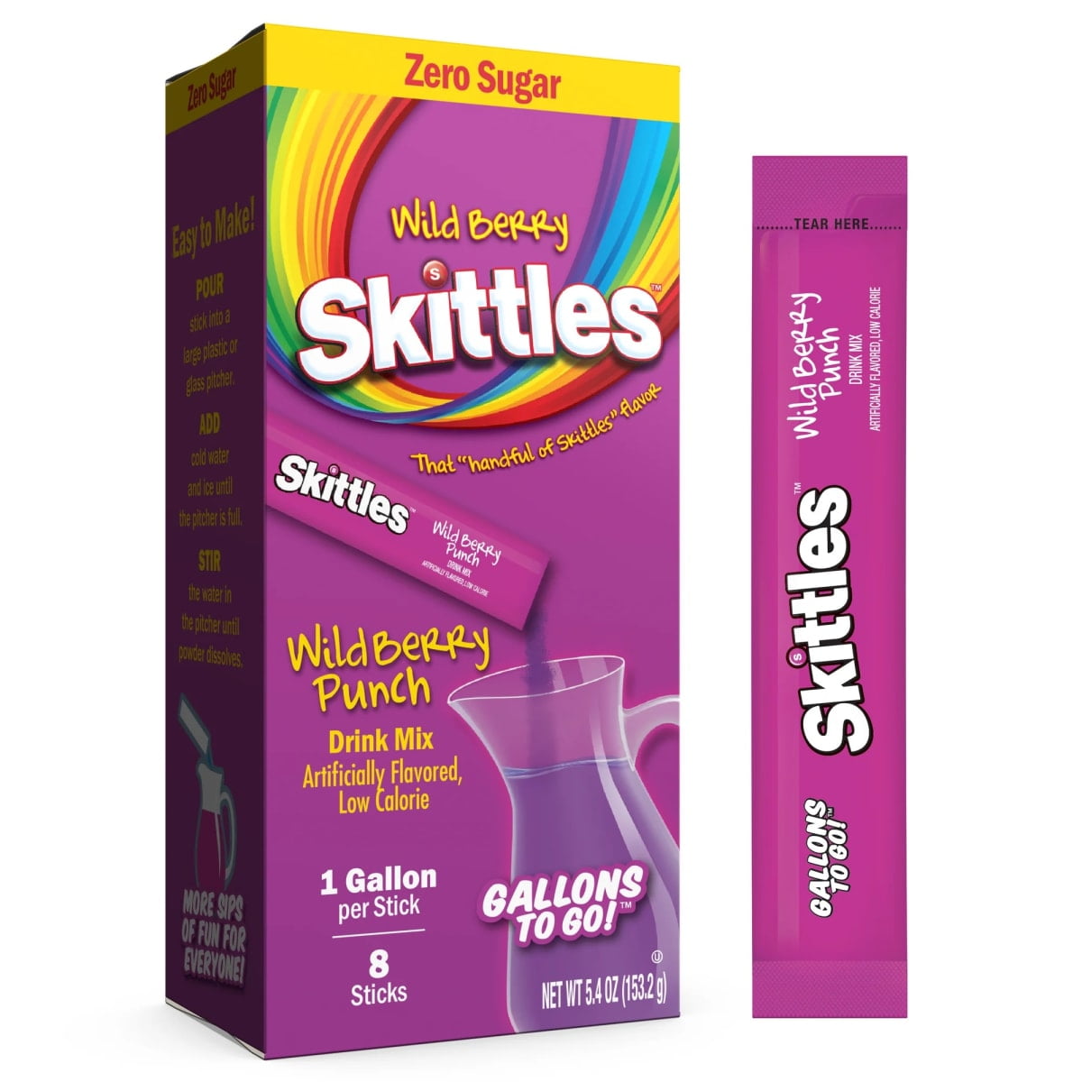 (2 pack) Skittles Zero Sugar Gallons-to-Go Powdered Drink Mix, Wild Berry Punch, 8 Count Gallon Pitcher Packets