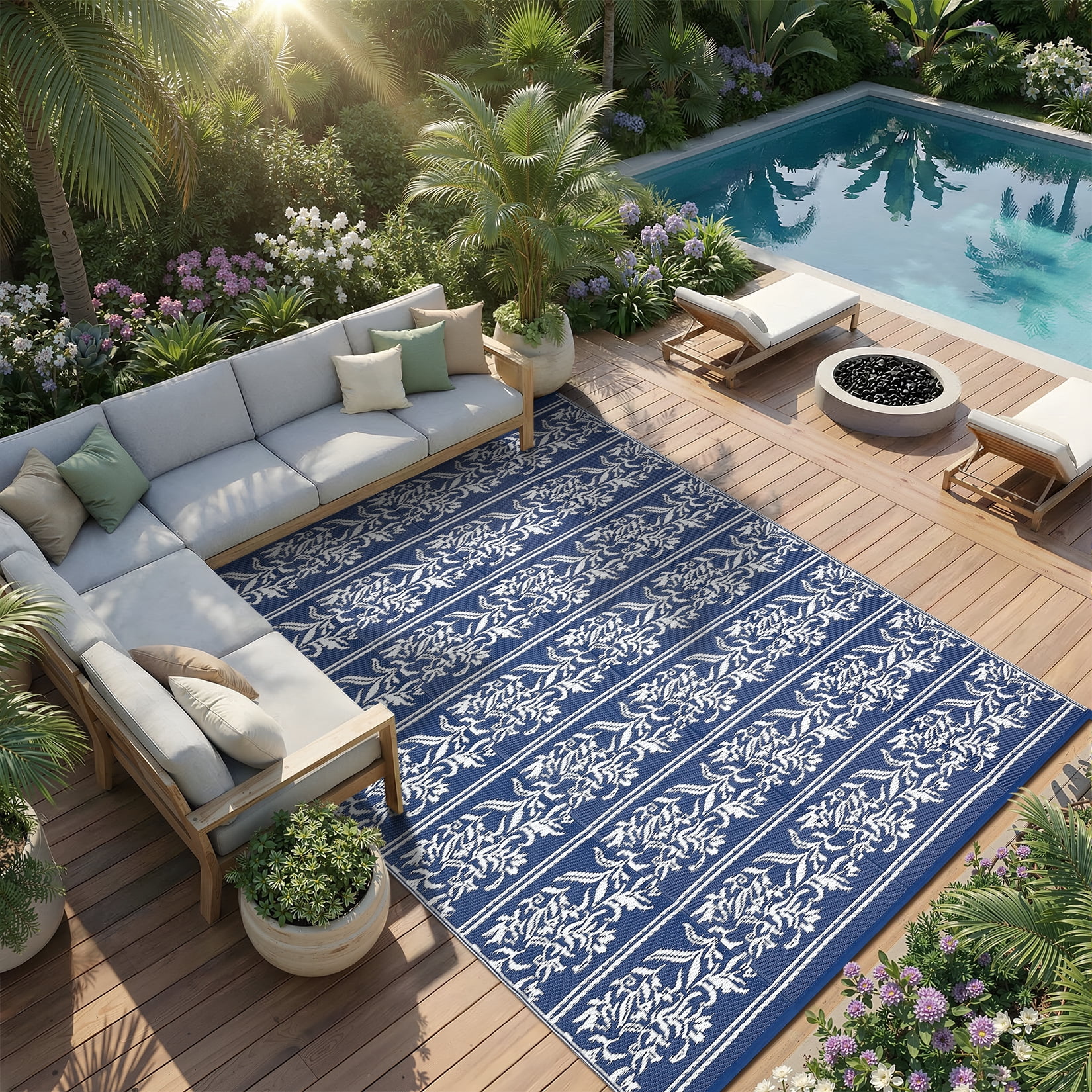 Garvee 8'x10' outdoor Rug Waterproof Print Camping Carpet, Reversible Plastic Straw Rug Indoor Outdoor Rug for Patio RV Balcony Deck Backyard, Dark Blue