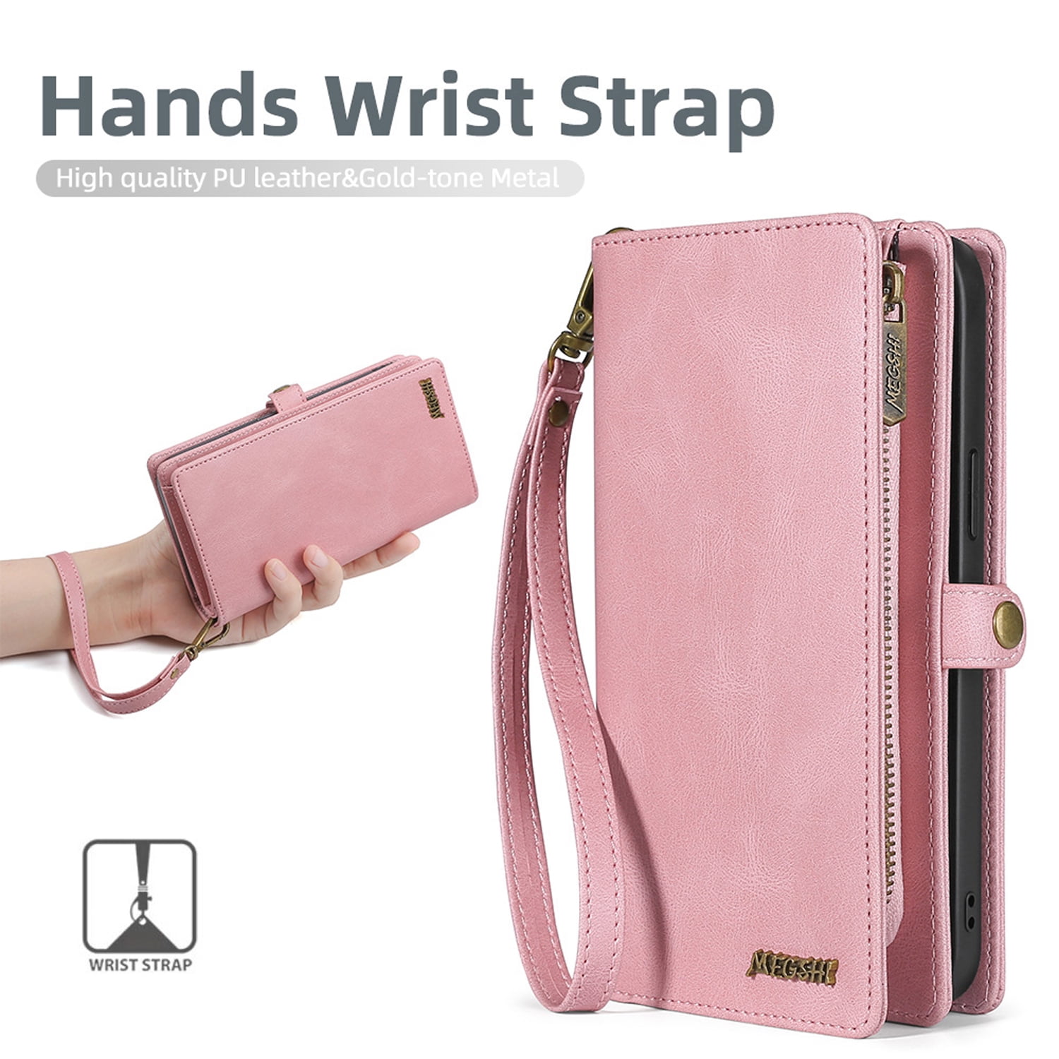 for Samsung Galaxy S25 Plus Case for Women Men, Removable Durable PU Leather Magnetic Flip Strap Wristlet Zipper Purse Card Holder Detachable Wallet Phone Cases for Samsung Galaxy S25 Plus, Pink