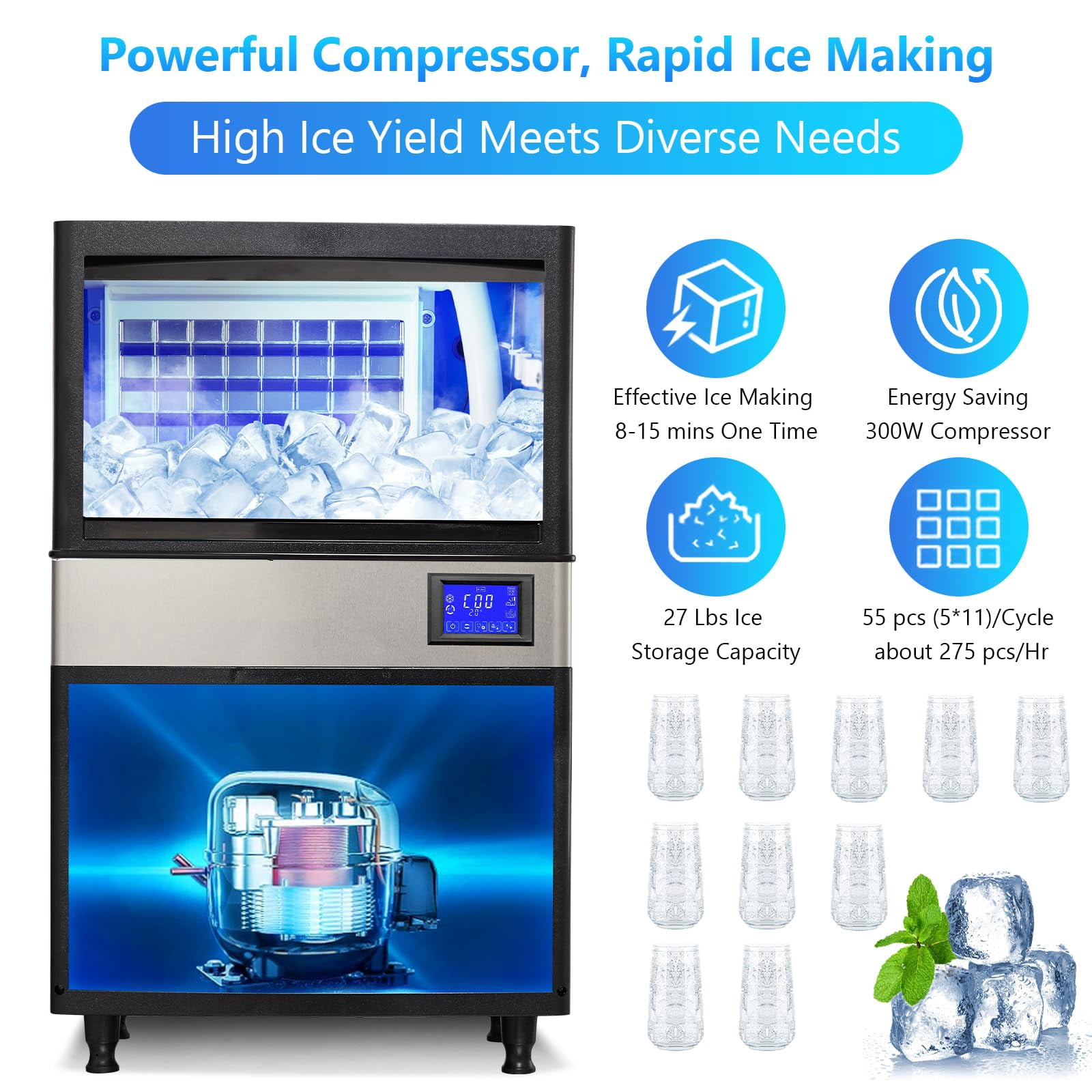 EastVita Multi-style Commercial Ice Maker Machine, with Storage Bin, Clear Ice Cubes, Counter Freestanding Ice Machine for Home/Party/Bar/Restaurant