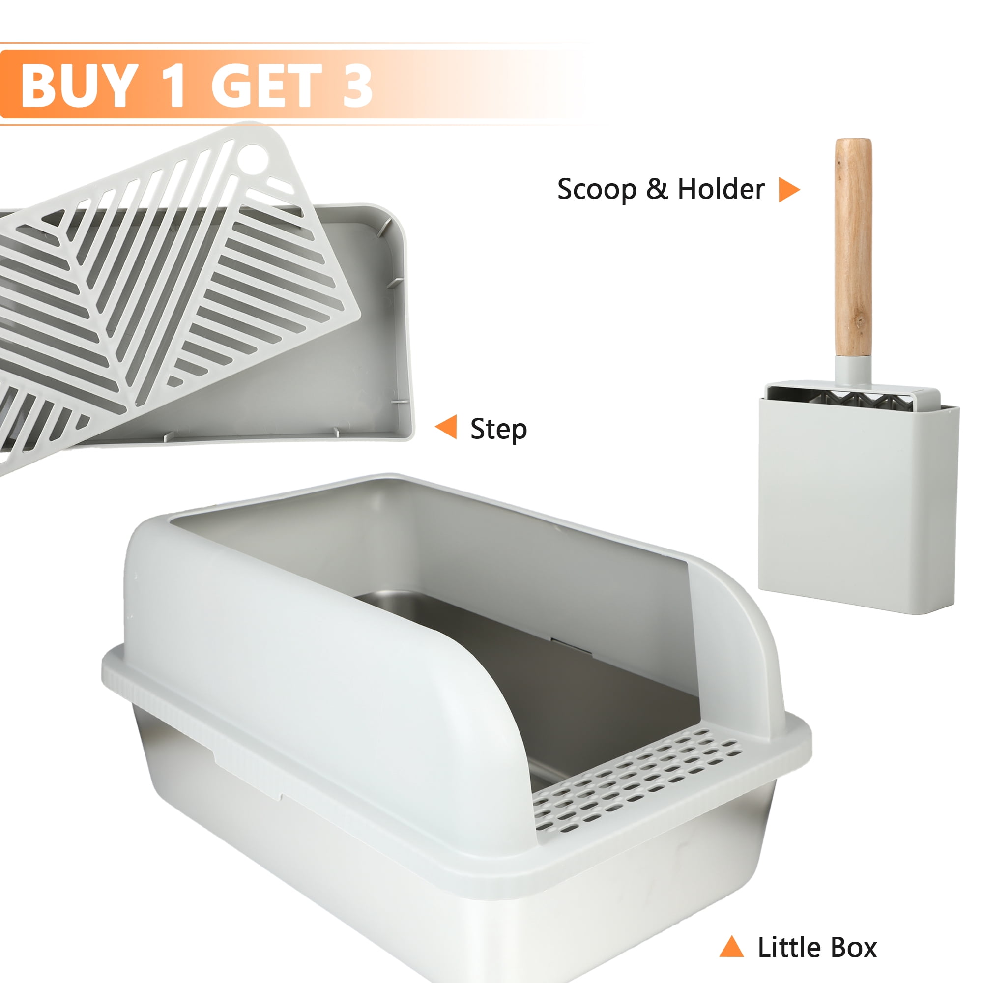 Fylica Stainless Metal Cat Litter Box, XL Extra Large Cat Litter Box, Open Top High Sided Litter Box for Multiple Cats, Anti-Leakage, Easy Cleaning, a Scoop, Scoop Holder, Step Included