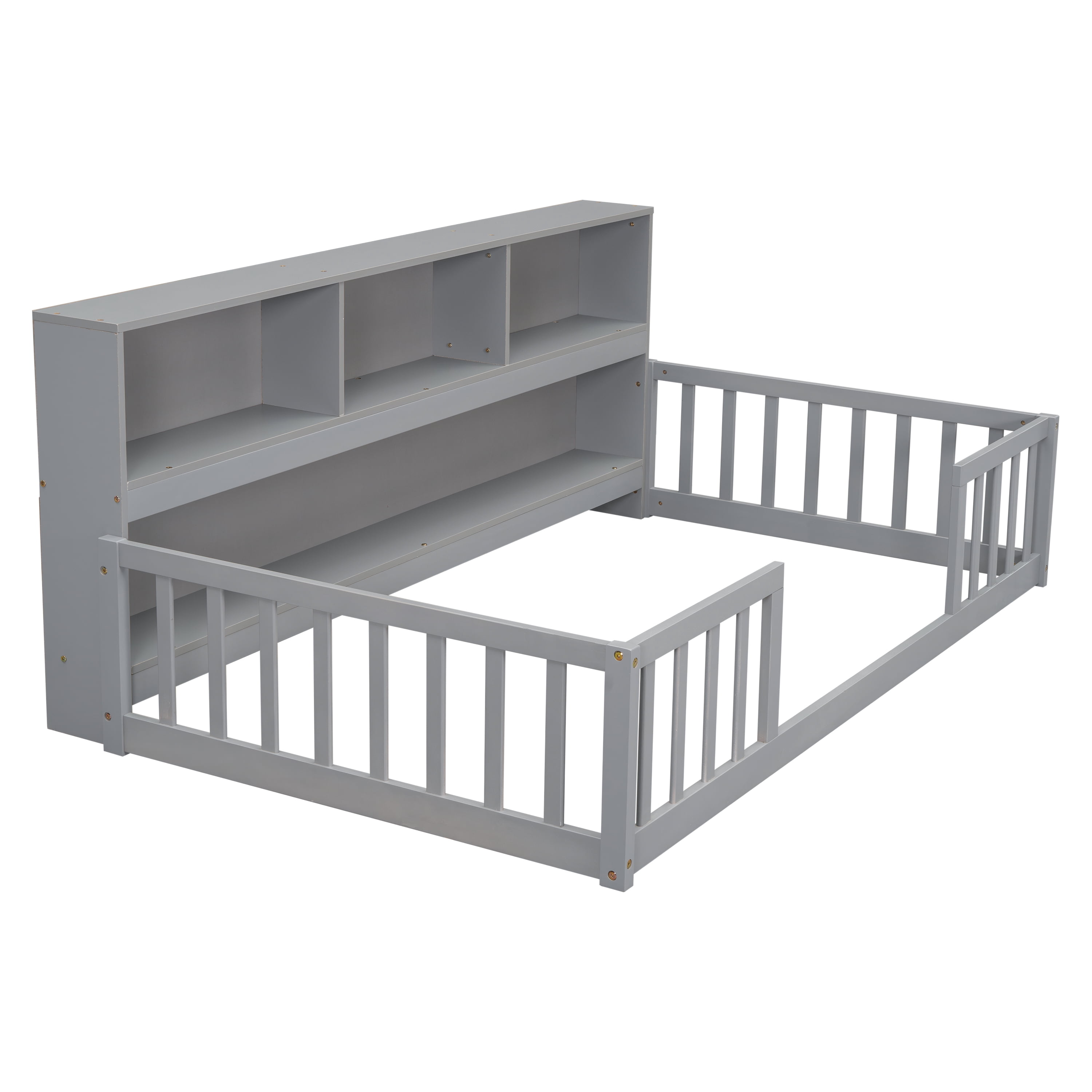 Sailvan Twin Floor Bed with Bedside Bookcase,Shelves,Guardrails