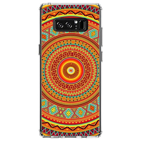 DistinctInk Clear Shockproof Hybrid Case for Samsung Galaxy Note 8 - TPU Bumper, Acrylic Back, Tempered Glass Screen Protector - Orange Teal Yellow Tribal Print