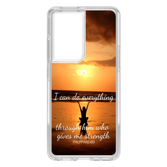 DistinctInk Clear Shockproof Hybrid Case for Galaxy S21 ULTRA 5G (6.8" Screen) - TPU Bumper, Acrylic Back, Tempered Glass Screen Protector - Philippians 4:13 Everything through Him gives strength