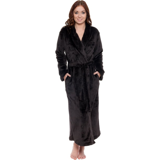 Silver Lilly - Womens Plush Hooded Robe Full Length - Black Warm Ultra ...