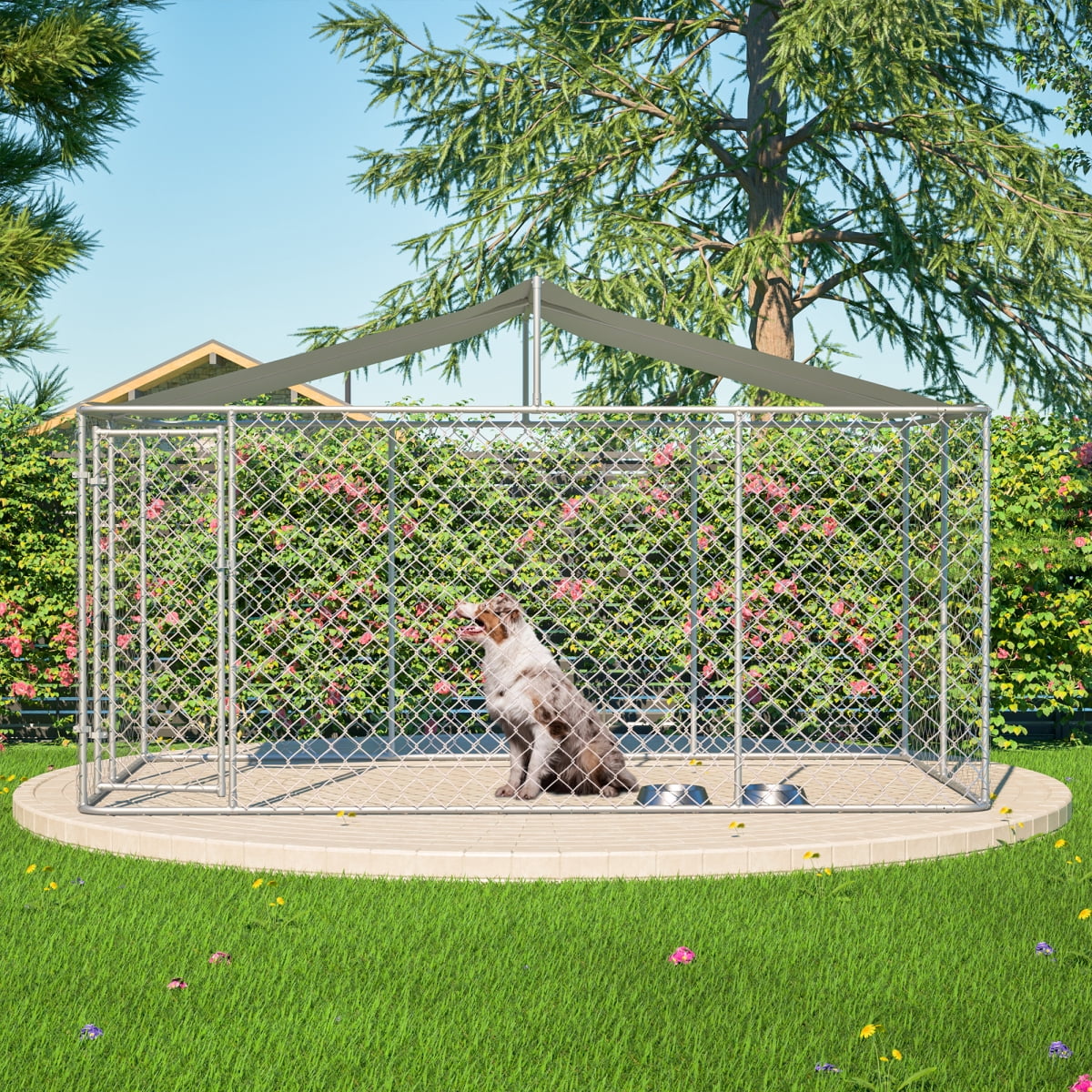 LuckyNote Heavy Duty Outdoor Dog Kennel 13.1x7.5x7.6 ft, Galvanized Chain Link Playpen with Waterproof Anti-UV Cover, Secure Lock, Grey