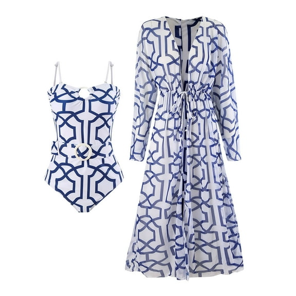 Generic Women's Two-Piece Swimsuits Textured Print Fashion Conservative Chest Pads Long Sleeve Bikinis with Sarongs Sets