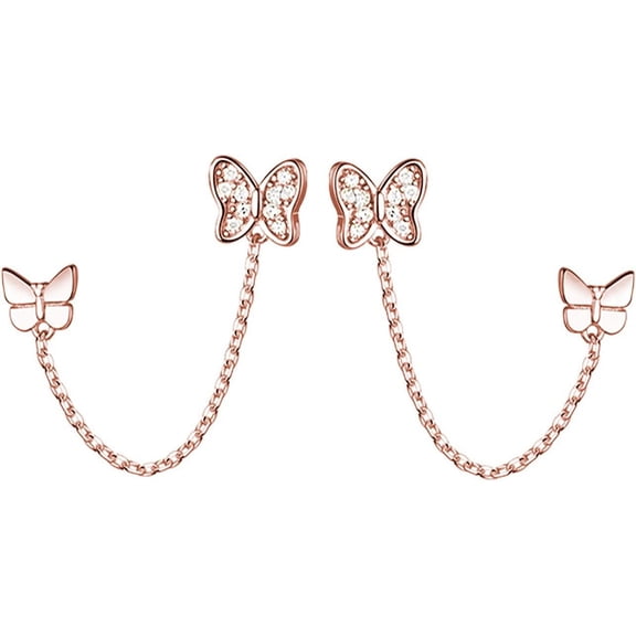 Solid 925 Sterling Silver Double Holes Cz Butterfly Chain Stud Earrings Two Butterfly Cuff Climber Earrings For Women Teen[Z1]