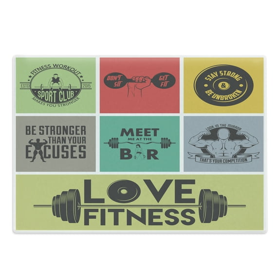 Fitness Cutting Board, Various Words in Colorful Frames Get Fit Active Healthy Lifestyle, Decorative Tempered Glass Cutting and Serving Board, Large Size, Multicolor, by Ambesonne