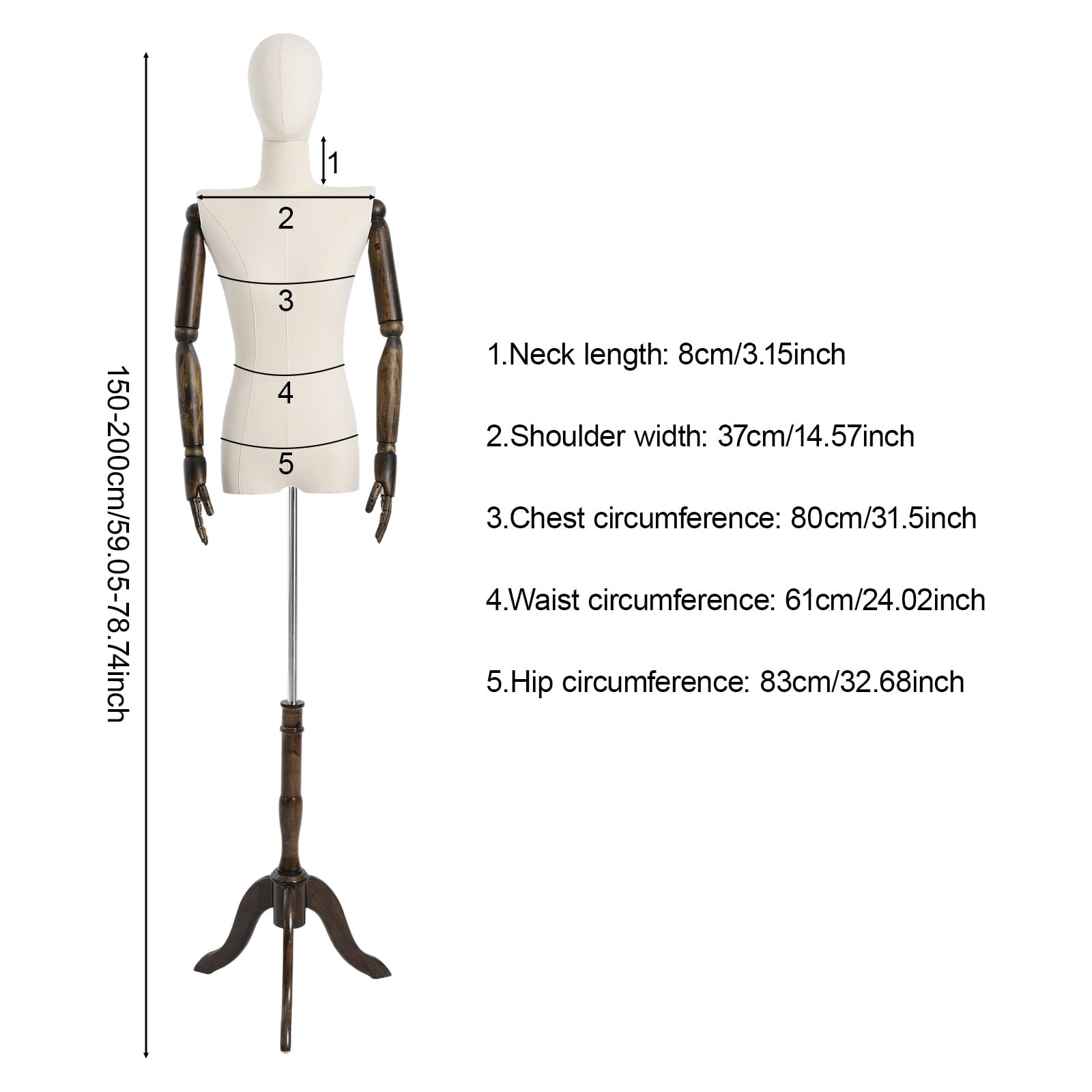 1 PCS Female Mannequin, Clothing Display Model Body Stand with Head, Female Mannequin with Triangular Base(Beige, Dark Brown), Adjustable Height: About 155-200cm/61.02-78.74in