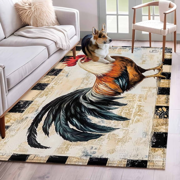 Vintage Rooster Area Rug 3x5 Washable Rug Non Slip Watercolor Pastoral Animals Retro Large Area Rug Indoor Floor Carpet for Entryway Bedroom Kitchen Living Room Home Office Dining Room Nursery