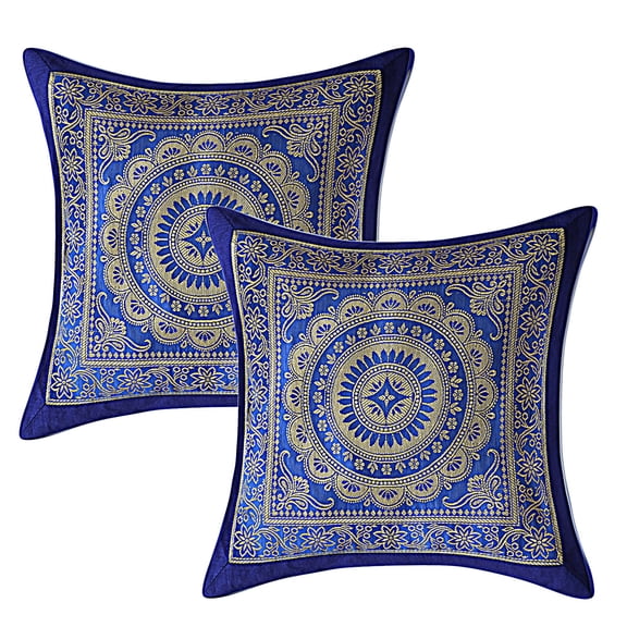 Stylo Culture Indian Decorative Throw Pillow Covers 12x12 Jacquard Ink Blue Square 30 x 30 cm Home Decor Brocade Floral Mandala Zippered Cushion Covers | Set Of 2