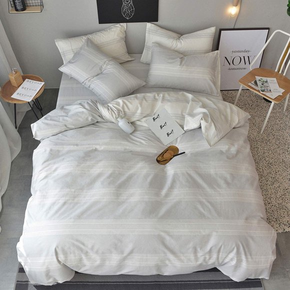 Oreise Duvet Cover Set Full/Queen Size 100% Cotton White/Light Gray Printed Striped Reversible Design 3Piece Bedding Set (1 Duvet Cover + 2 Pillow Shams) With Zipper Closure Soft Breathable