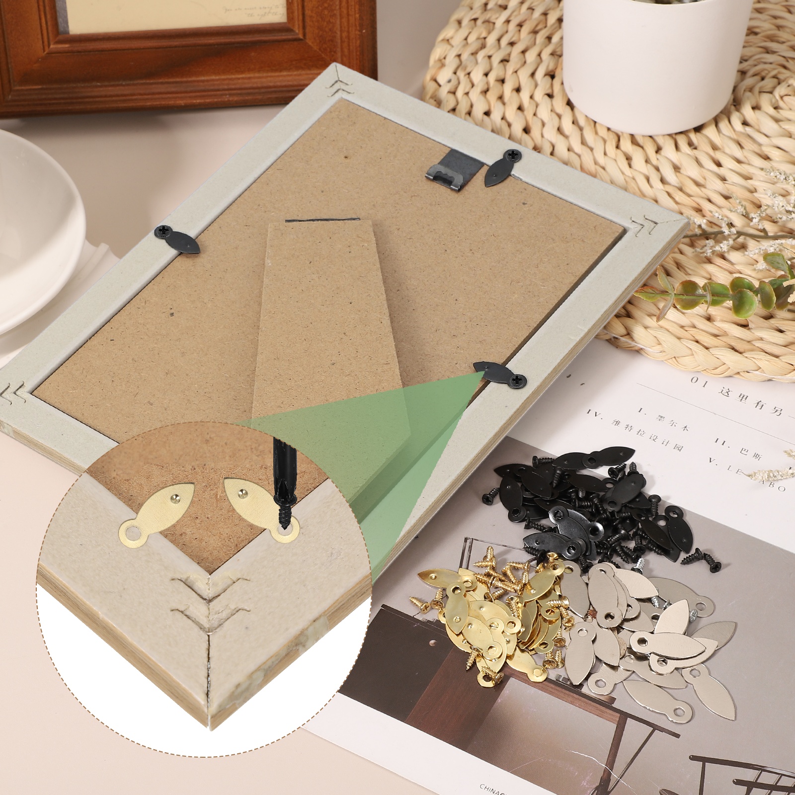 200pcs Picture Frame Backing Clips, 0.98" Photo Frame Turn Buttons Fasteners Hardware Corner Clip with 200pcs Screw for Hanging Pictures Craft Drawings, Melon-seed Shaped Gold