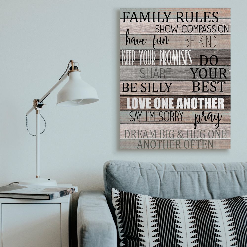 Stupell Industries Family Rules Text Fun Wood Grain Rustic Tan Teal Canvas Wall Art Design by Kim Allen, 36" x 48"