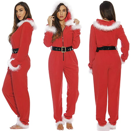 Women Santa Mrs. Claus Costume Hoodie, Christmas Dress Fancy Outfit Adult, Long sleeve long Jumpsuit Costume Role Play