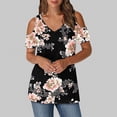 thumbnail image 2 of yoeyez Short Sleeve Shirts for Women Cold Shoulder Round Neck Casual Tops Fashion Floral Print Blouse Women's Tops And Blouses Black M, 2 of 6