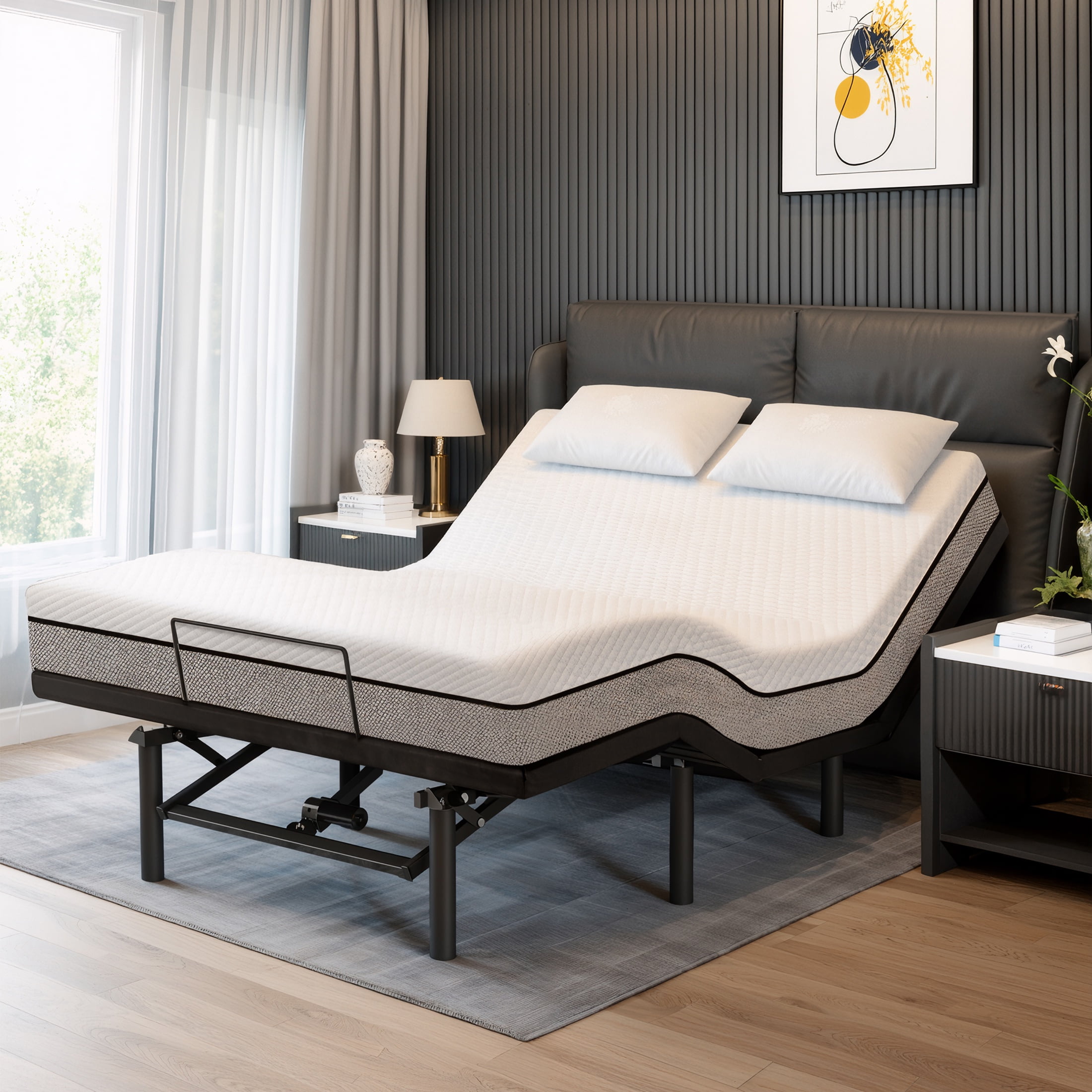 UHOMEPRO Queen Adjustable Bed Frame Zero Gravity Electric Bed Base with Wired Remote, Head & Foot Incline, 14" Foldable Metal Platform Bed, No Box Spring Required, Black