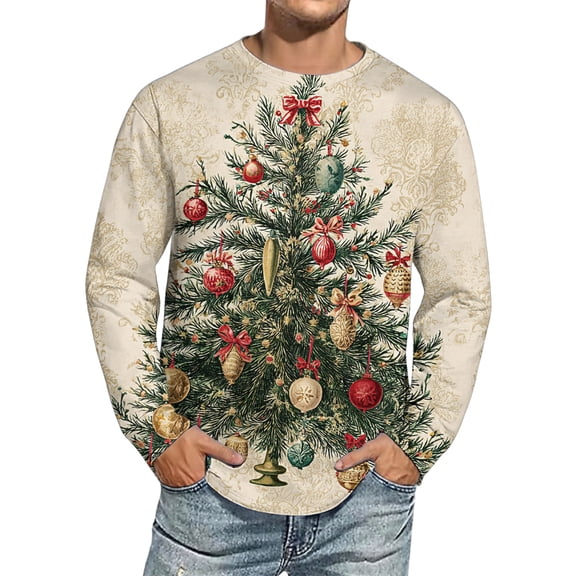 Men's Christmas Printed Imitation Cotton Long Sleeve Shirt, Festive Holiday Design for Men, Lightweight and Comfortable for Casual Wear,Beige,L