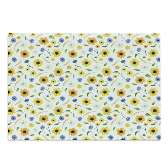 Yellow and White Cutting Board, Botanical Arrangement of Summer Flowers Wheat Daisy Blossoming Nature, Decorative Tempered Glass Cutting and Serving Board, Large Size, Multicolor, by Ambesonne