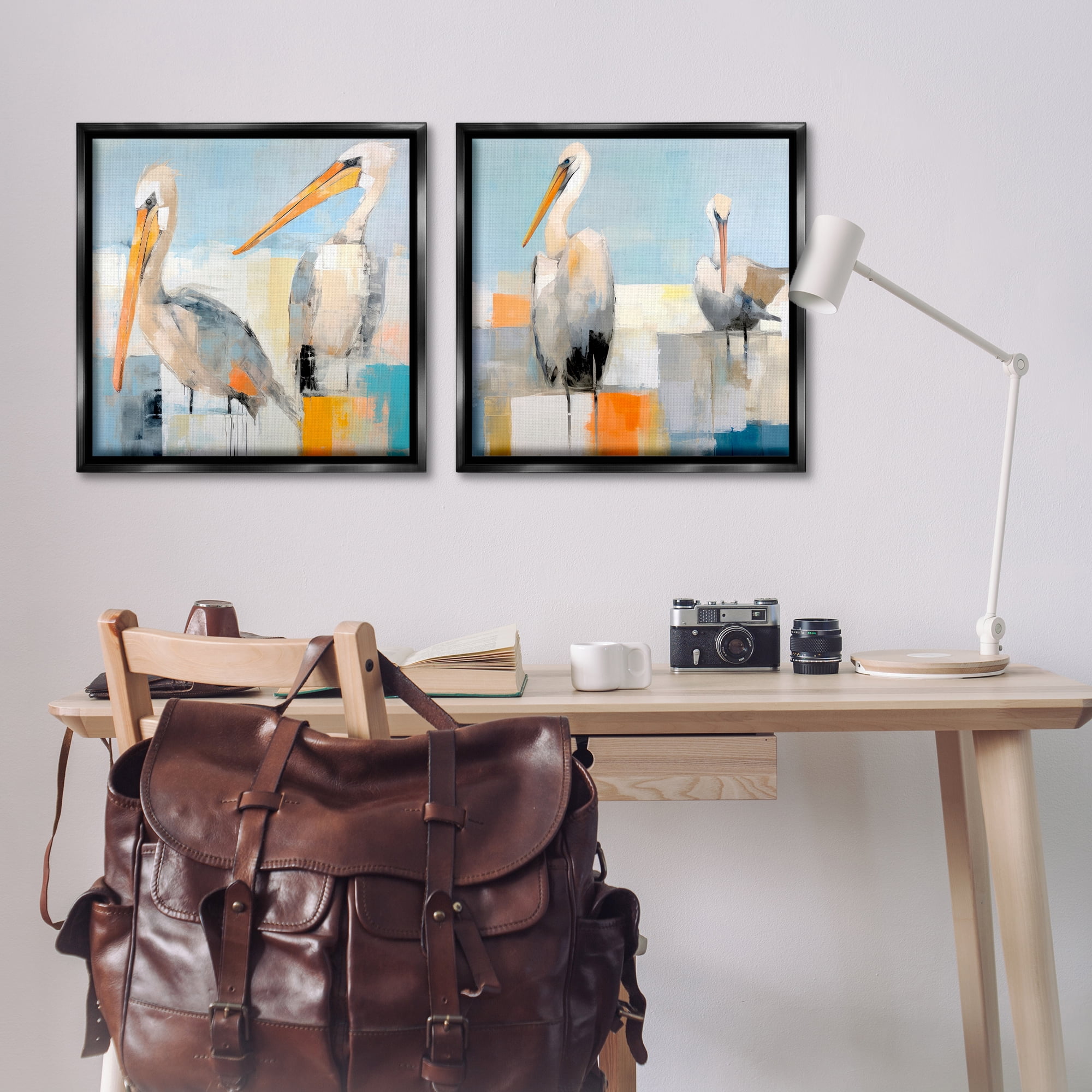 Stupell Industries Abstract Color Block Pelican Pair Animals Painting Black Floater Framed Canvas Art Print Wall Art, 25 x 25, Set of 2