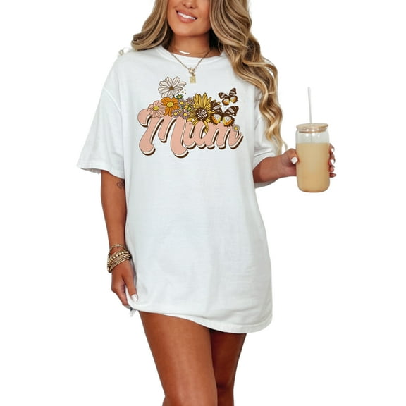 Mum with Retro Mother's Day Flowers and Butterflies Art, White Comfort Colors T-Shirt, Small