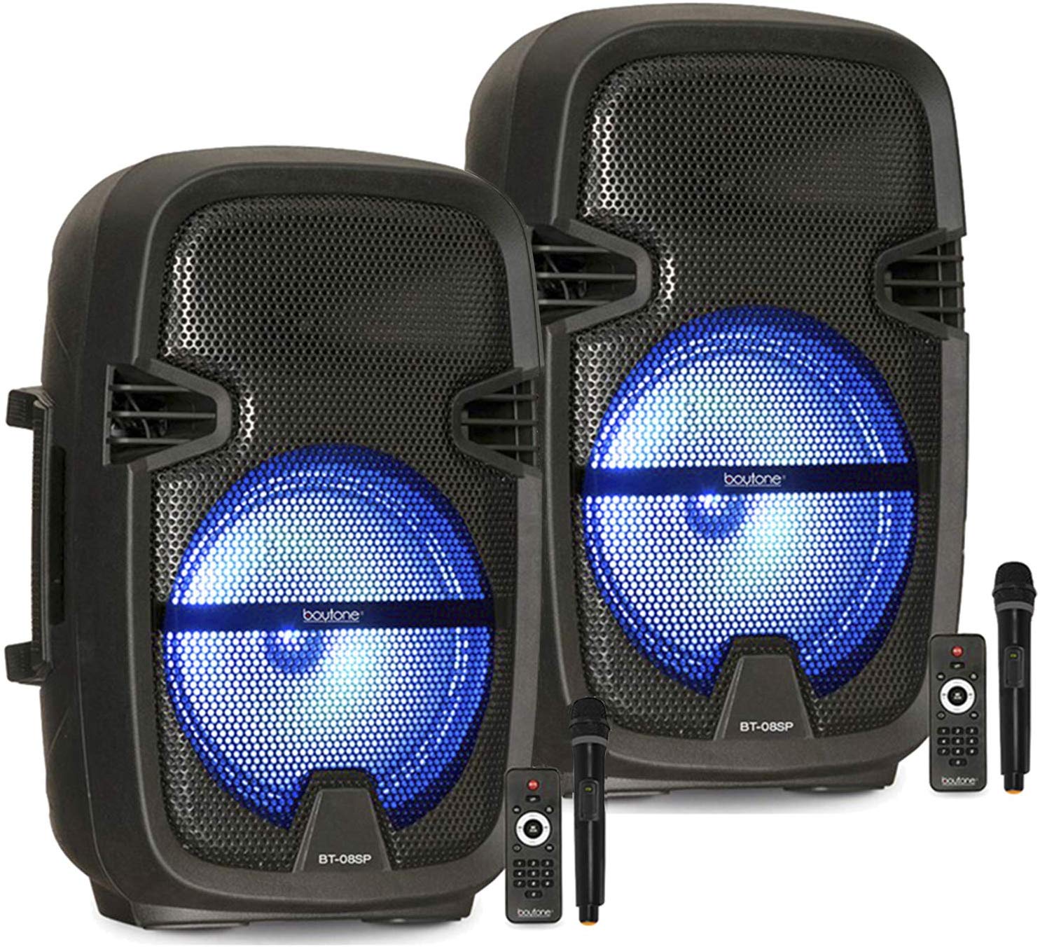 Pair of BT-08SP2 Boytone 8” Portable Bluetooth PA Speaker, Rechargeable, Karaoke, Wireless Microphone, TWS(Wireless) to Connect both Speakers Together. DJ Lights, FM, MP3, USB Port, TF Slot, AUX - image 1 of 7