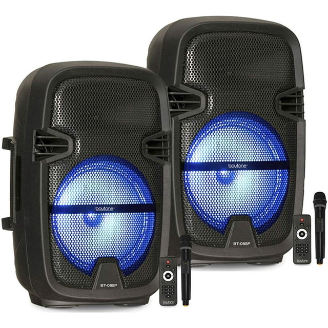 Pair of BT-08SP2 Boytone 8” Portable Bluetooth PA Speaker, Rechargeable, Karaoke, Wireless Microphone, TWS(Wireless) to Connect both Speakers Together. DJ Lights, FM, MP3, USB Port, TF Slot, AUX