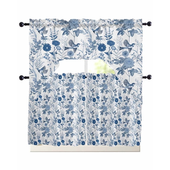 Flower Bird Kitchen Curtains Sets 24 Inch Length with Valance, Vintage Blue Garden Country Wildflower Swag Valances and Tiers Curtain Set Drapes Swag Curtains for Living Room, Bathroom, Bedroom, Cafe