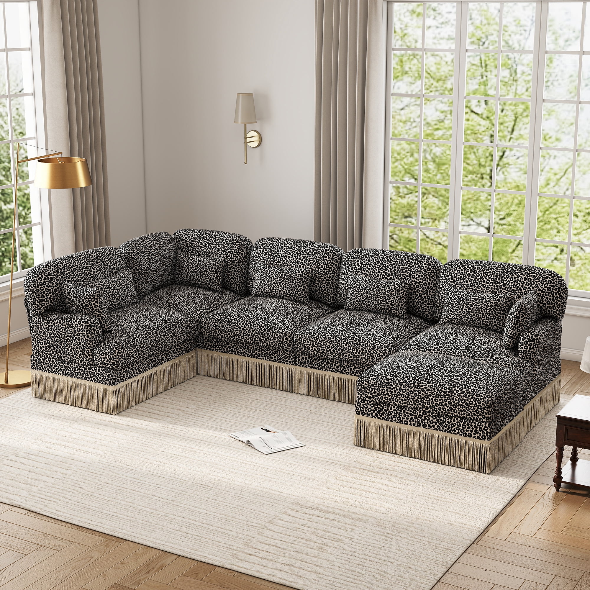 130" U Shaped 6 Seater Large Modular Sectional Corner Sofa with 7 Pillows and Ottoman
