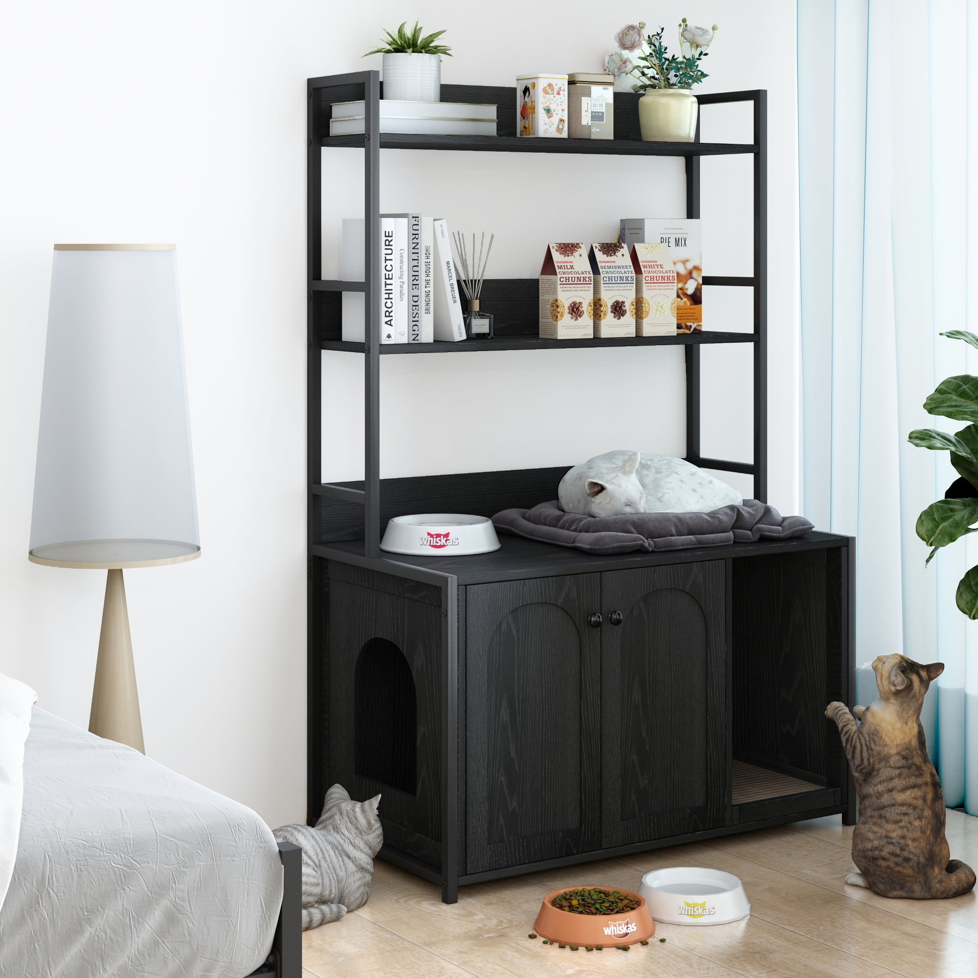 Pefilos 52" Large Wood Cat Litter Box Enclosure, Hidden Cat House Washroom Furniture with Shelf Storage Rack, Scratch Pad, Black Pefilos 52" Large Wood Cat Litter Box Enclosure, Hidden Cat House Washroom Furniture with Shelf Storage Rack, Scratch Pad, Black