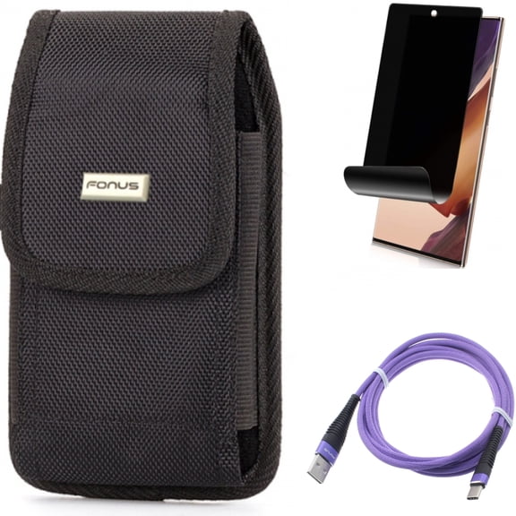 Privacy Screen Protector & Case Belt Clip & 6ft USB Cable for Samsung Galaxy Note 20 Ultra (6.9") - Combo with TPU Film Anti-Peep & Swivel Holster & Purple Type-C