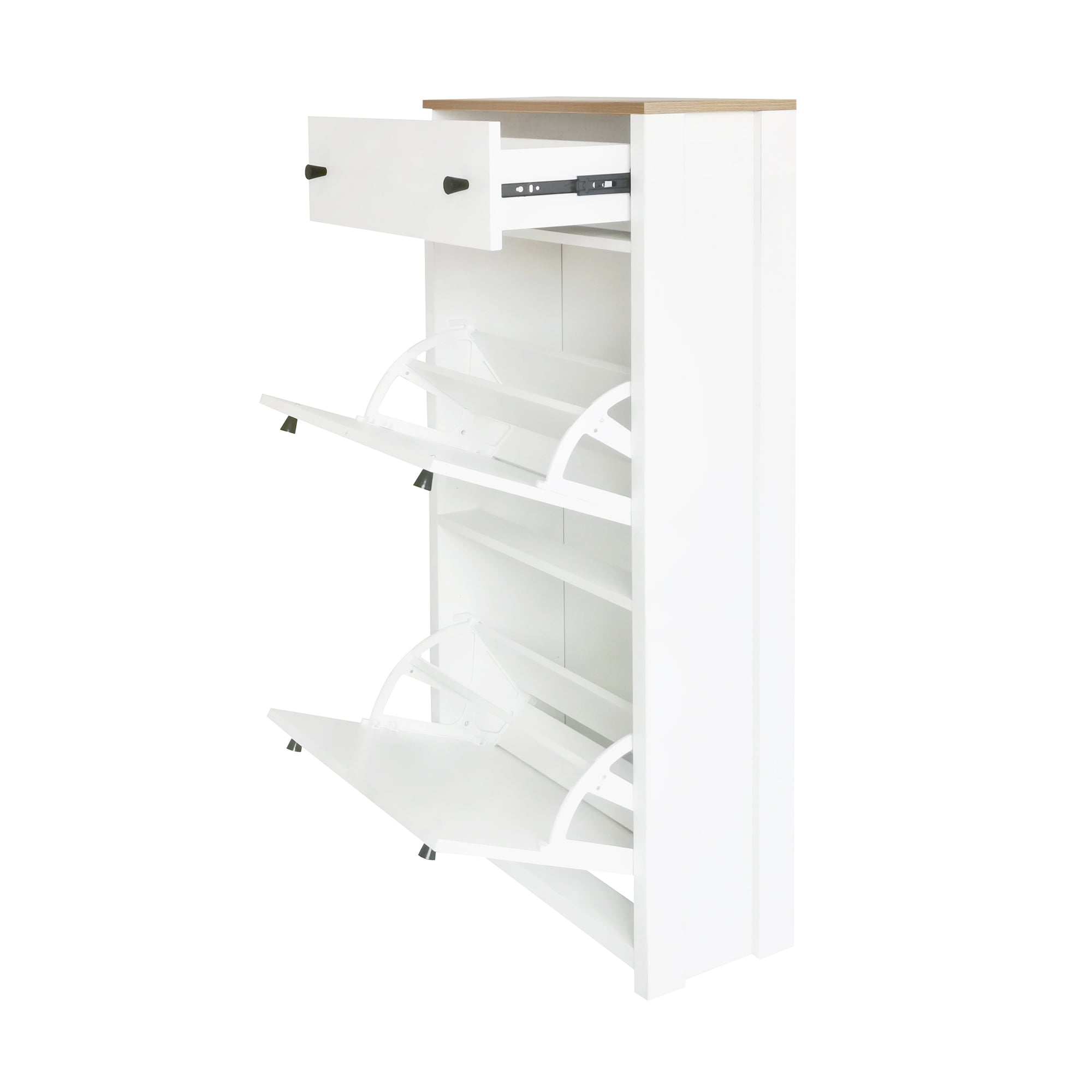 MAYEERTY Functional Entryway Organizer with 2 Flip Drawers, Wood Grain Pattern Top Shoe Cabinet with Drawer, Free Standing Shoe Rack with Adjustable Panel for Hallway, White
