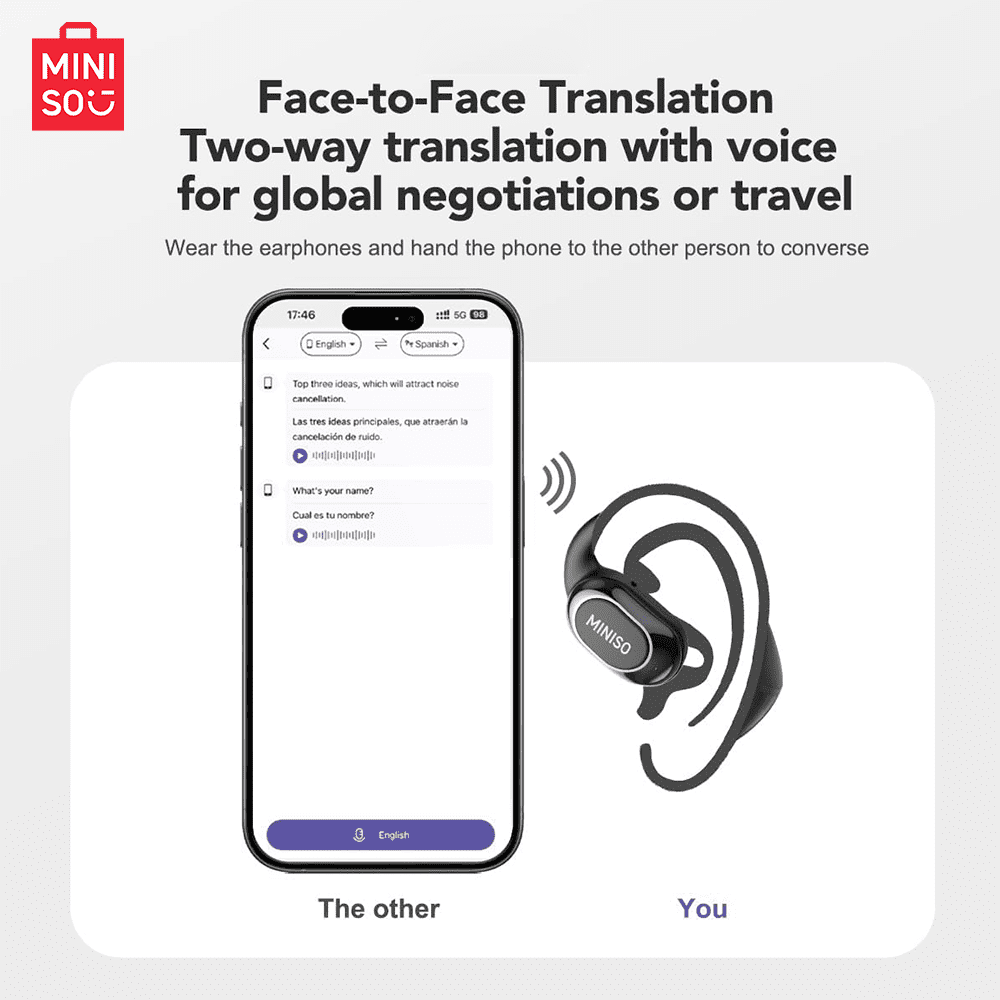 MINISO Al Translation Headphones True Wireless Headphones Support 135 Languages Open Ear Earbuds Long Battery Life
