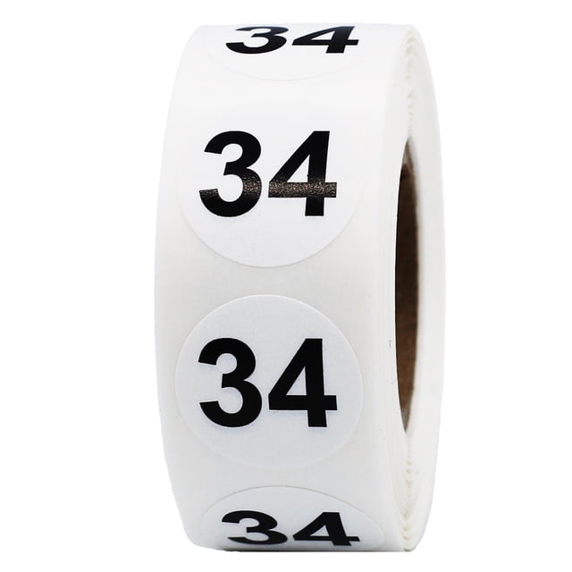 Circle Dot Number 34 Stickers | 0.75" Inch Round | 500 Pack