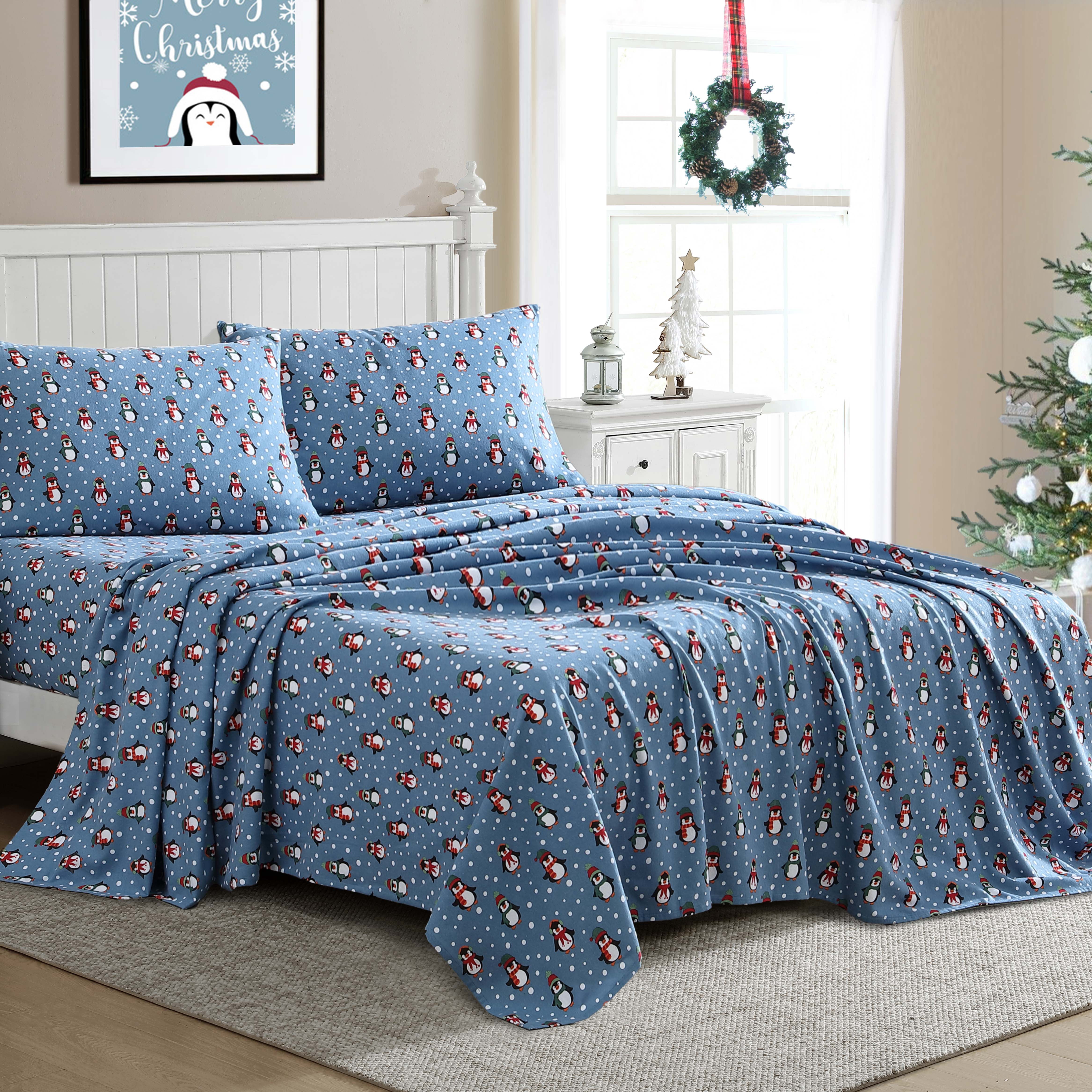 Winter Nights Cotton Flannel Sheet Set, Queen, Penguins