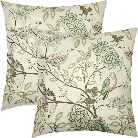 LAMIRO Vintage Floral Bird Pillow Covers 20x20" Set of 2 Olive Green Brown Flowers Leaves Decorative Throw Pillows For Couch Chinoiserie Square Pillow Cases Home Decor For Sofa Bed Porch Room Outdoor