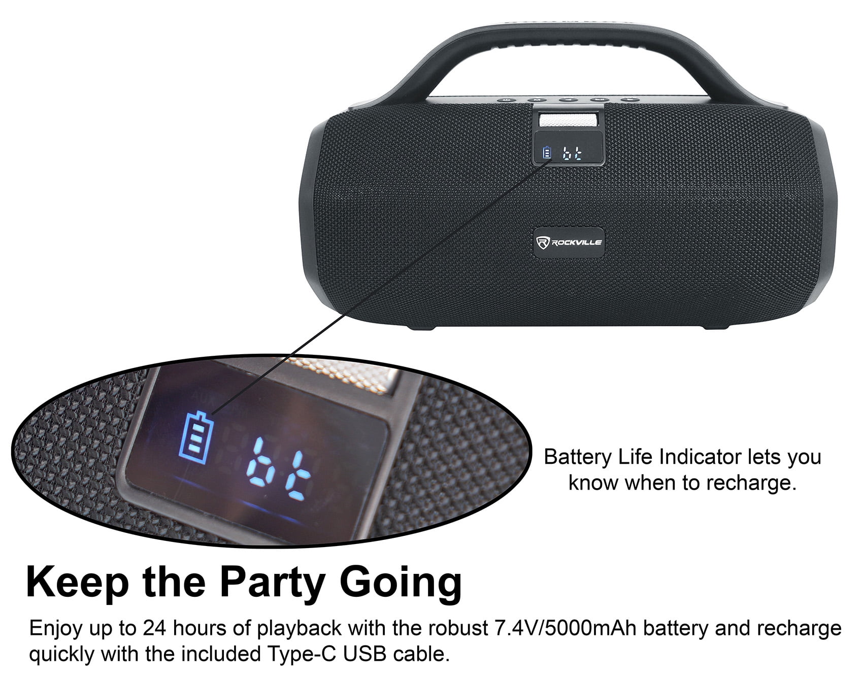 Rockville SONIC-50L Large Portable Bluetooth Party Speaker, Big Bass/LED/Mic In